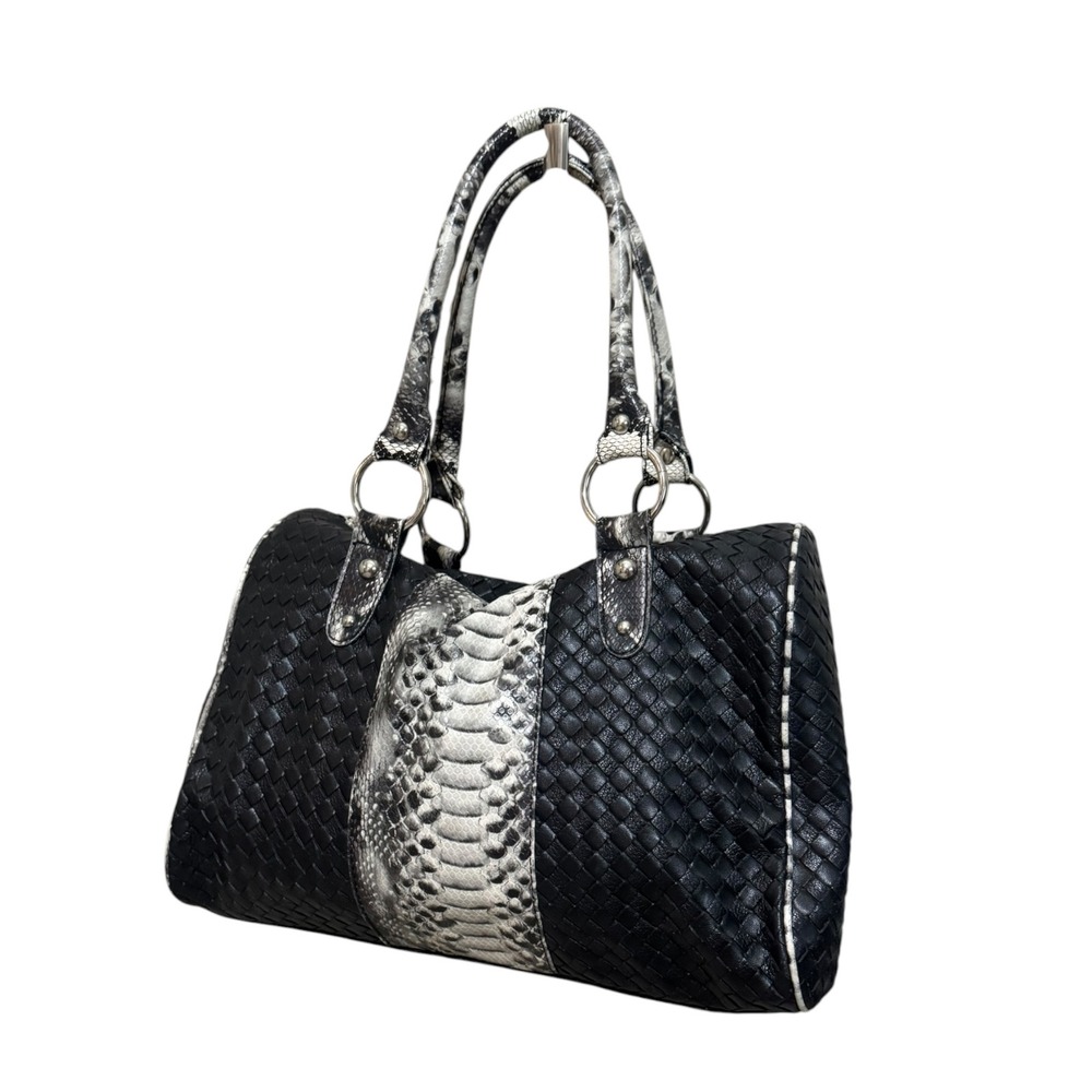 VTG Y2K black Woven Faux Leather Snakeskin shoulder satchel bag purse edgy boho